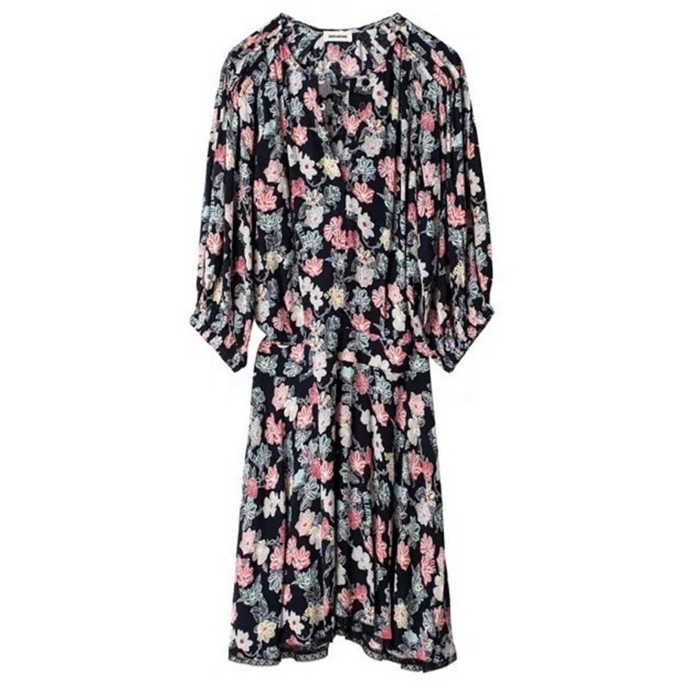 Zadig & Voltaire Raspali Print Mini Dress Sz Small Floral Drop Waist Puff Sleeve